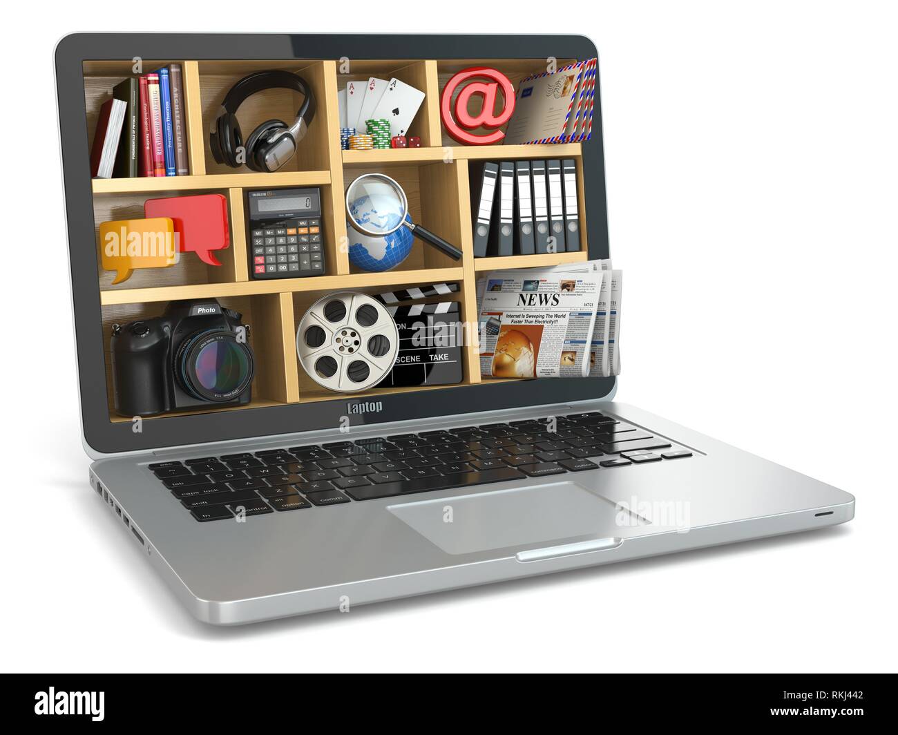 Cloud computing concept. Laptop's software and capabilities. 3d Stock