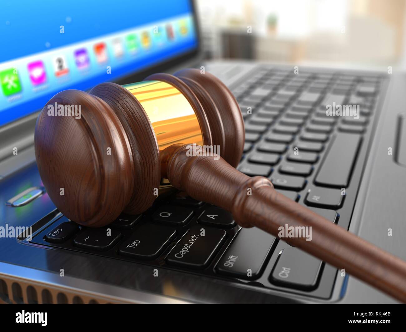 Online auction. Gavel on laptop. 3d Stock Photo Alamy