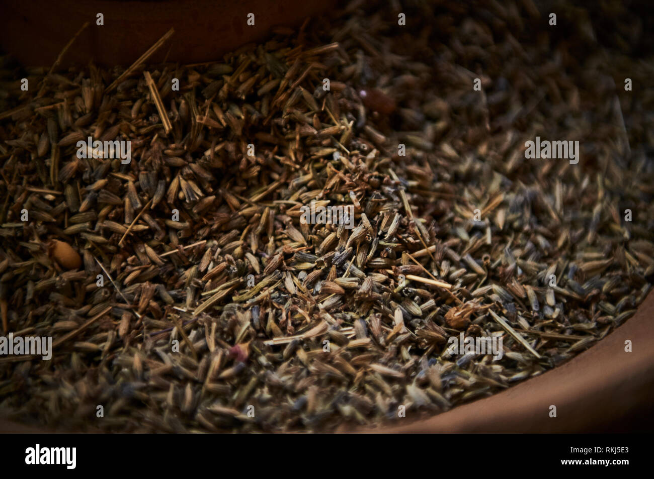 A large amount of dried lavender flowers for sale in a Market in Dardara, Morocco. Stock Photo