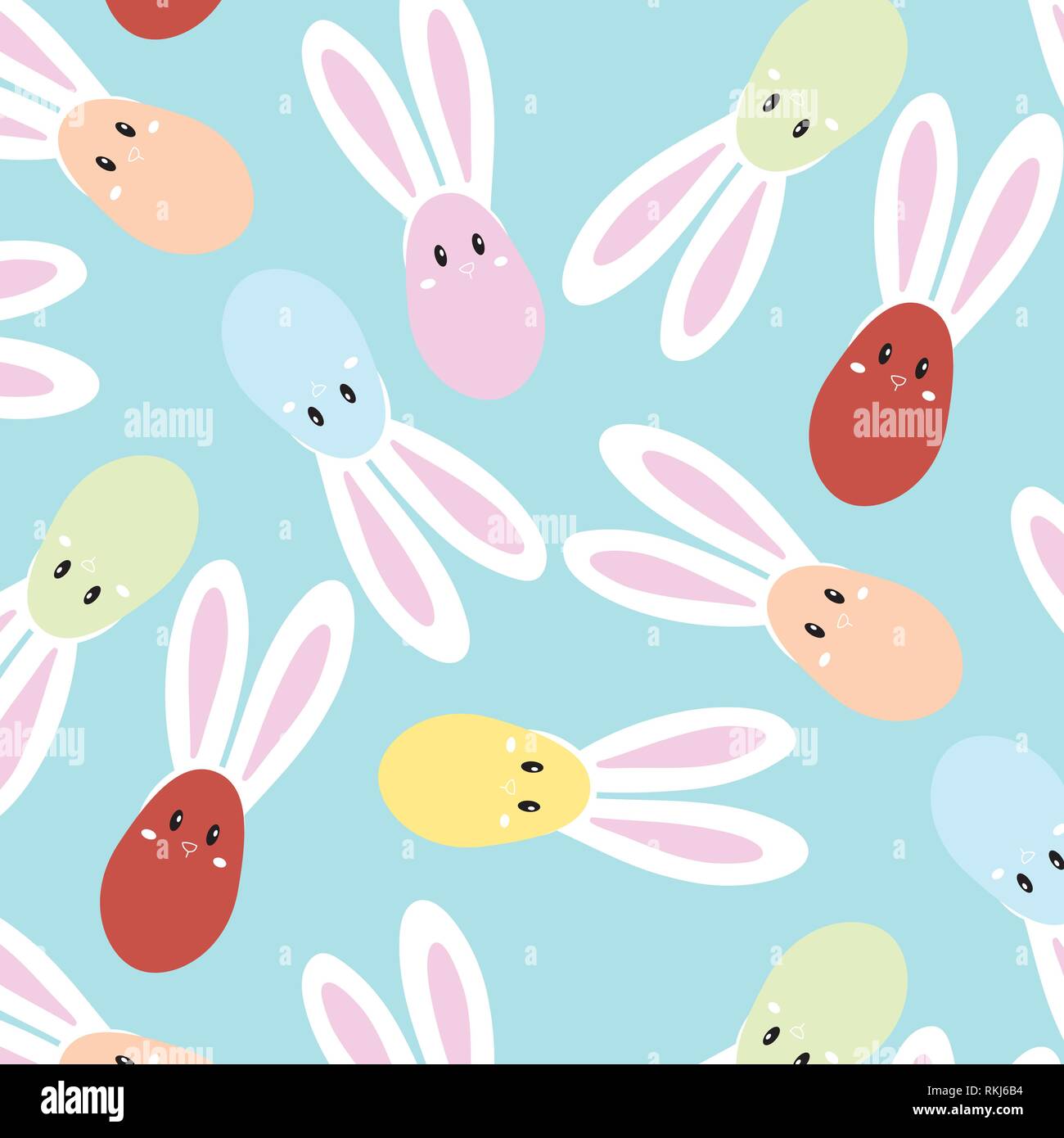 Happy Easter. Set of Easter eggs with bunny ears on a light blue background. Vector pattern Illustration Stock Vector