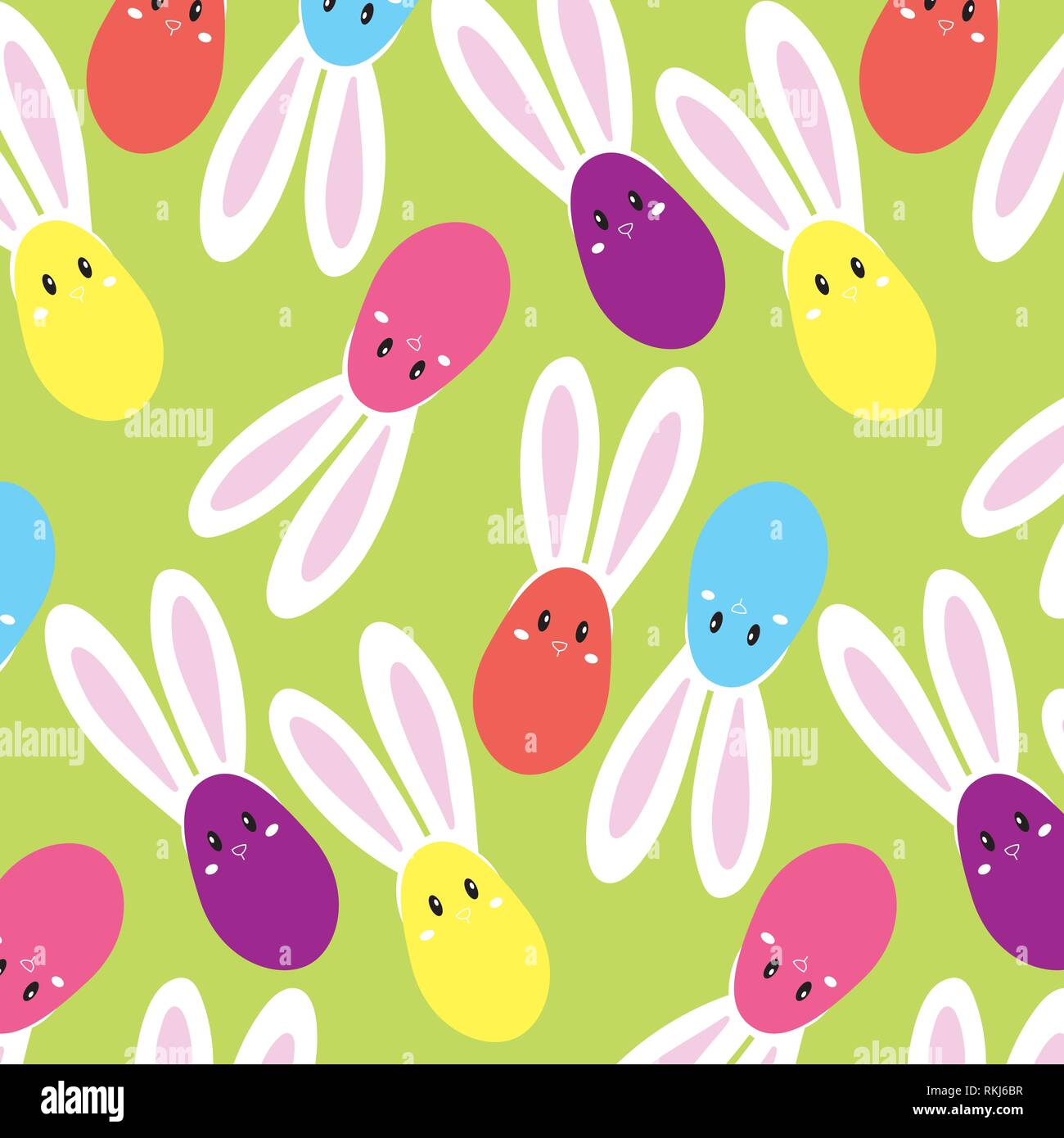 Happy Easter. Set of Easter eggs with bunny ears on a green background. Vector pattern Illustration Stock Vector