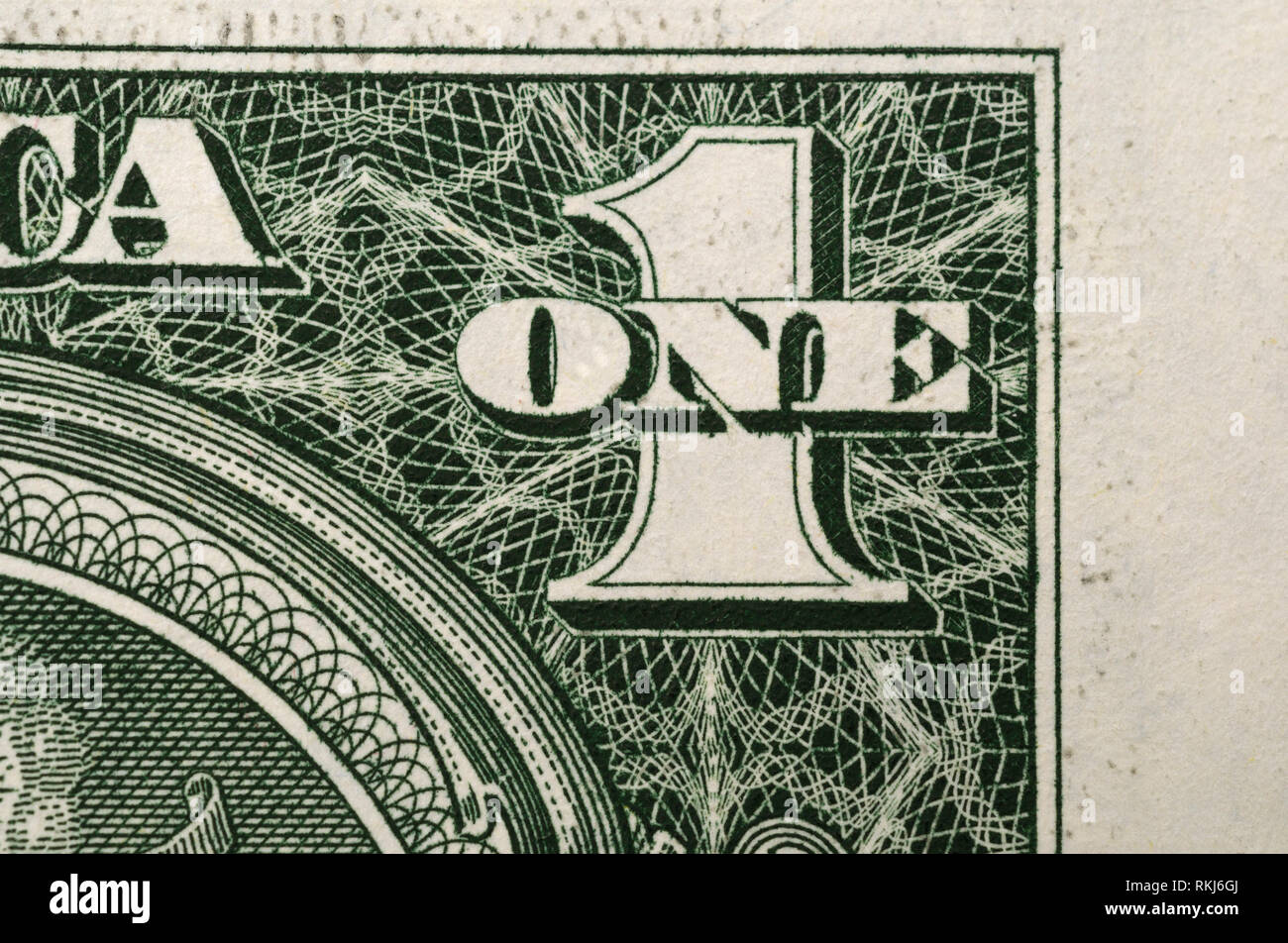 one / 1 on US dollar bill Stock Photo