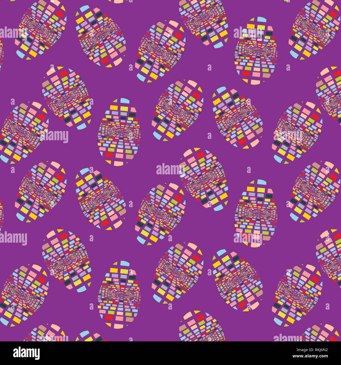 Easter eggs set square colorful happy geometric vector pattern on purple background Stock Vector