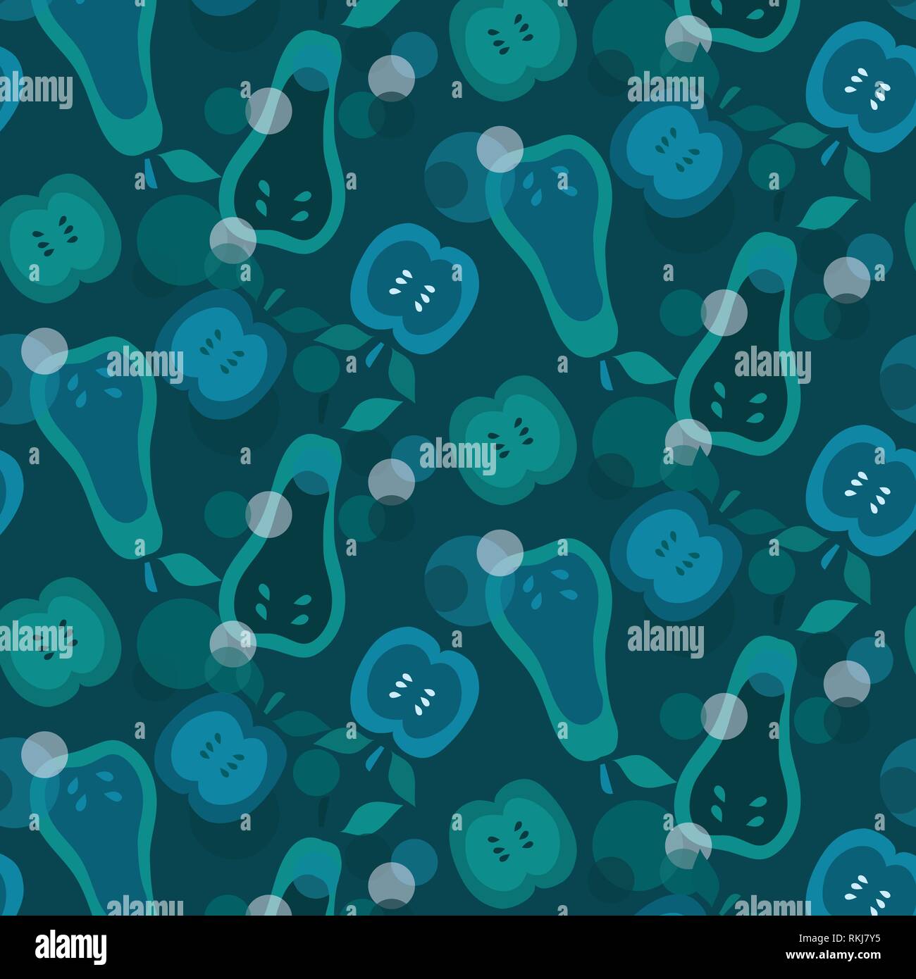 Pears and apples vector pattern teal and blue colors on a dark background Stock Vector
