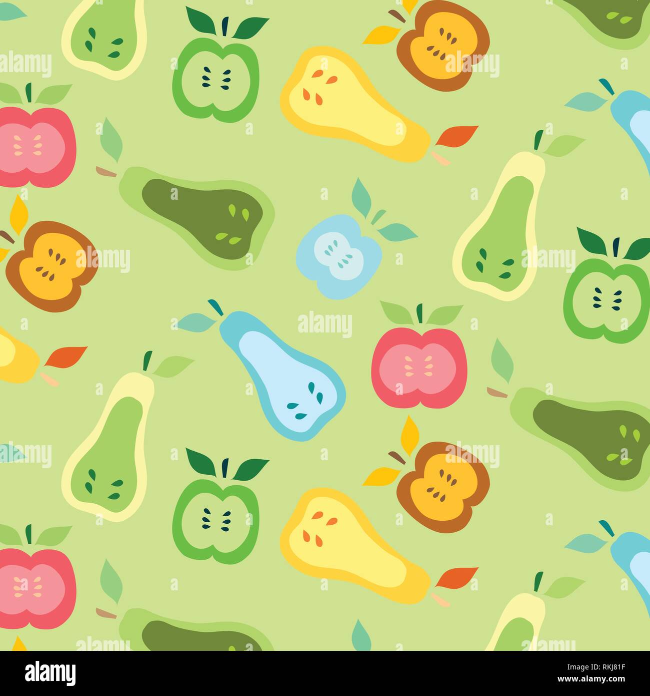 Pears and apples vector pattern illustration green, red, orange, blue and yellow colors on a light green background Stock Vector