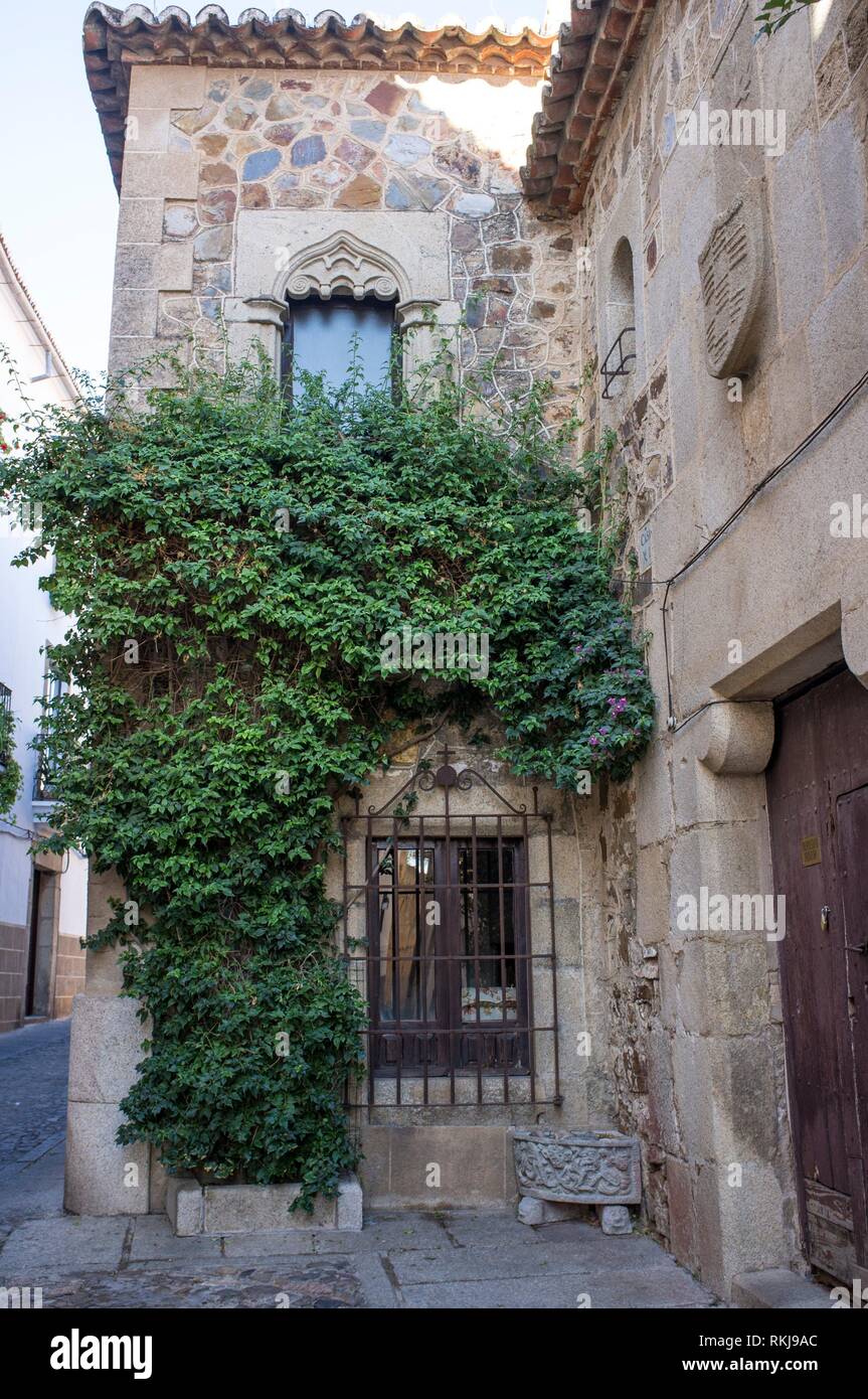 Hospital of Pilgrim Knights Gothic building Caceres historic quarter, Spain. Stock Photo