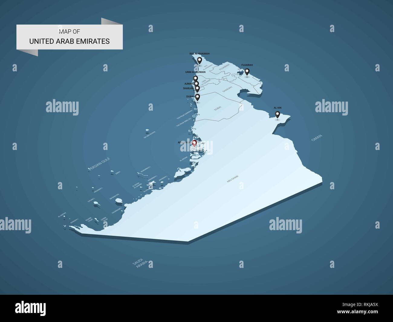 Isometric 3D United Arab Emirates map, vector illustration with cities ...