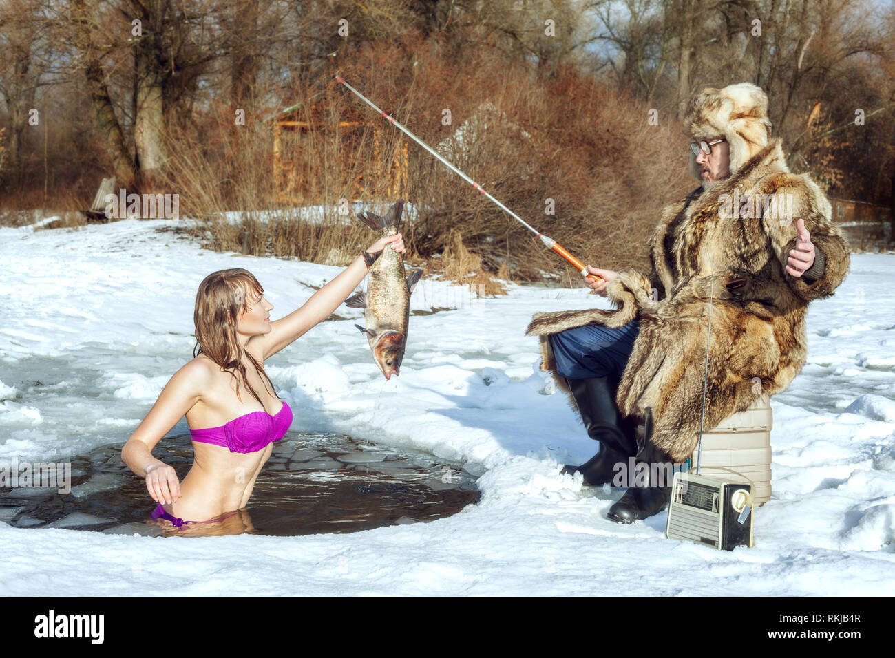 Bikini ice fishing team