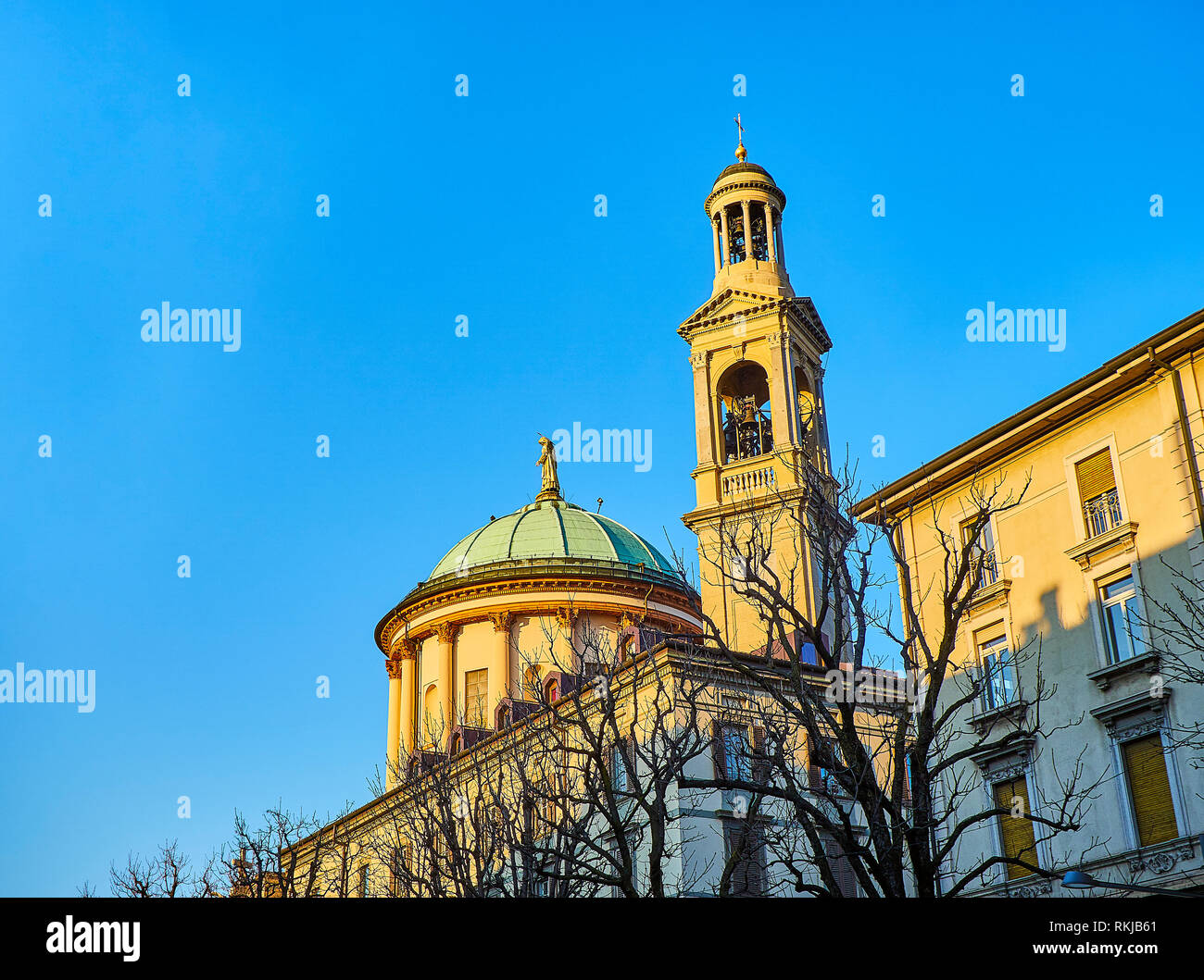 Dome and Bell Tower of the Chiesa Prepositurale di Santa Maria Immacolata delle Grazie church. Bergamo, Italy. Stock Photo