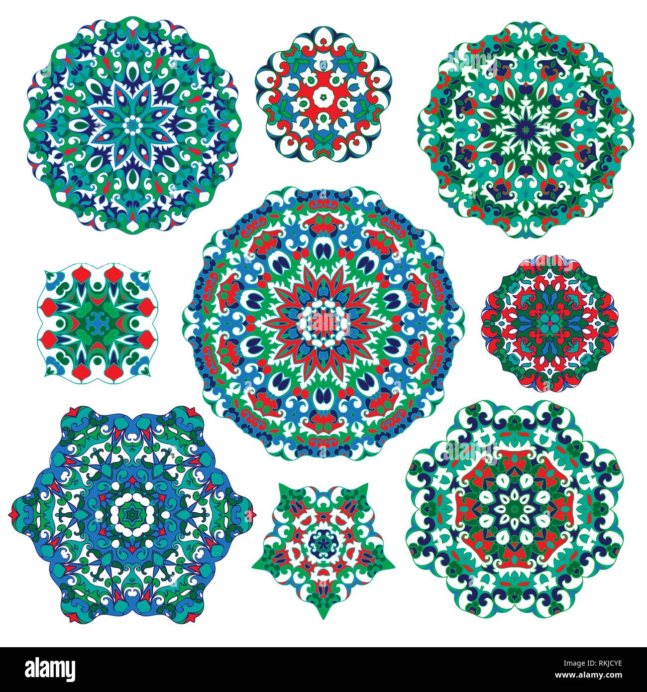 Set of nine abstract circular elements. Round colorful mandalas ...