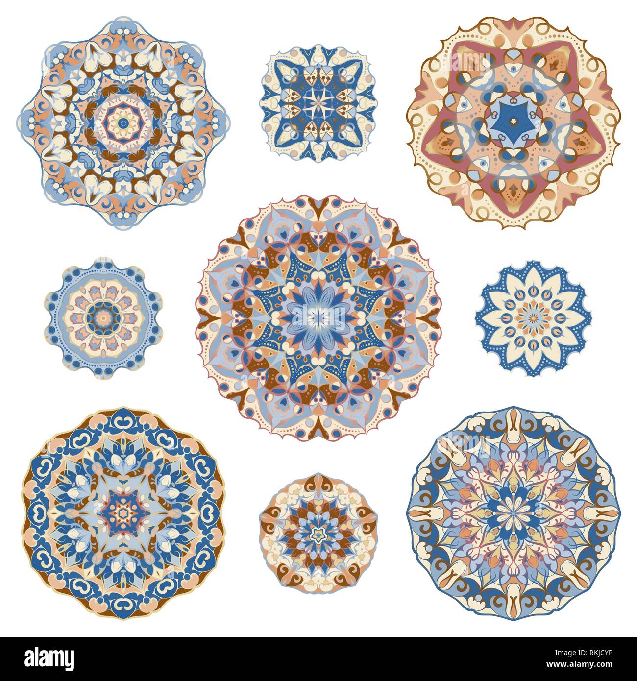 Set of nine abstract circular elements. Round colorful mandalas ...