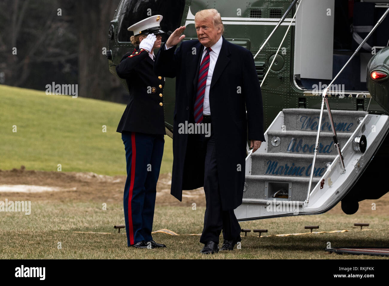 US President Donald Trump arrives on the South Lawn of the White House aboard Marine One in Washington, DC after a trip to Dover, Delaware where he visited with the families of 4 Americans killed in Syria on January 19, 2019. Stock Photo