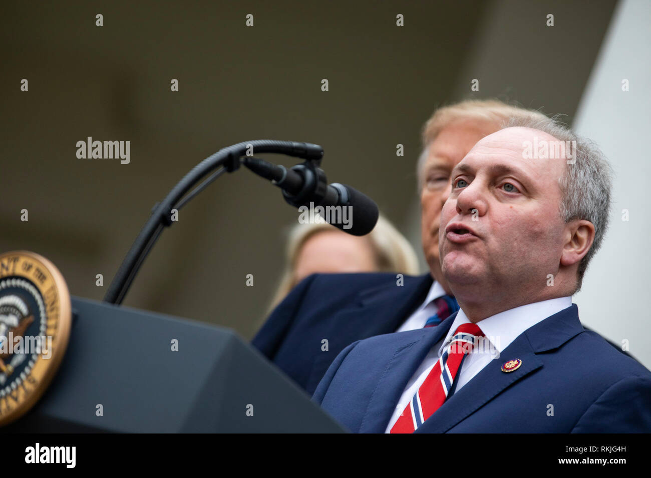 House Minority Whip Steve Scalise, Republican of Louisiana, speaks to reporters in the Rose Garden of the White House on January 4, 2019. Stock Photo