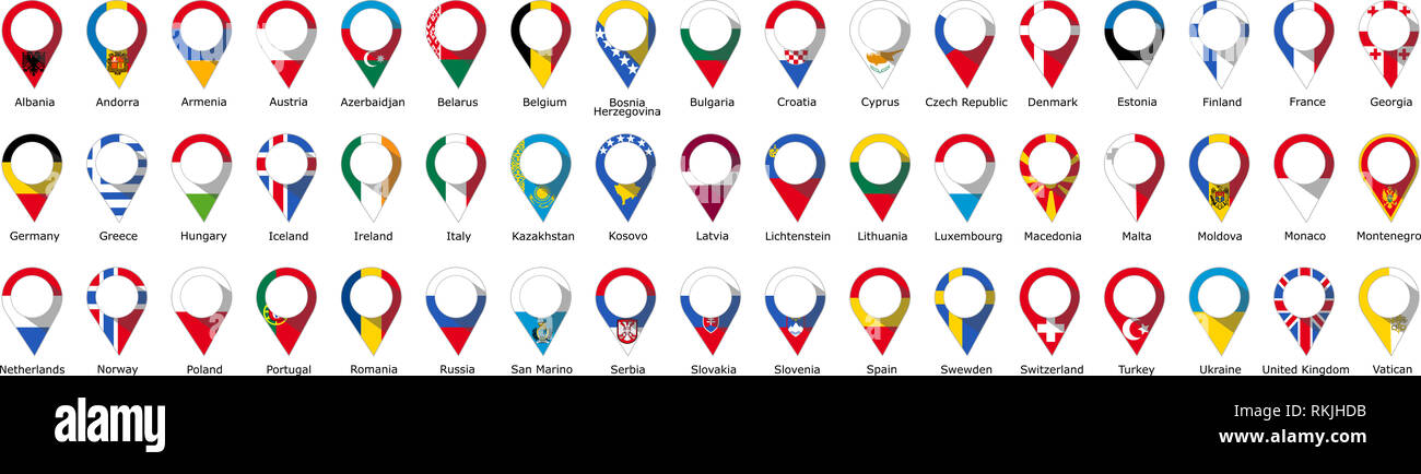 Flags in the form of a pin from the countries of geographical Europe with their names written below Stock Photo