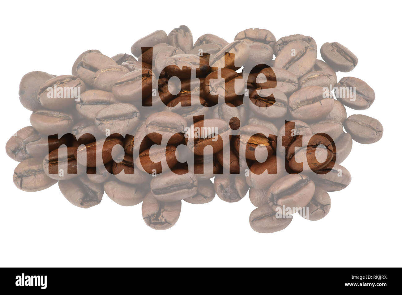 Image with highlighted text latte macchiato against pale background of coffee beans Stock Photo