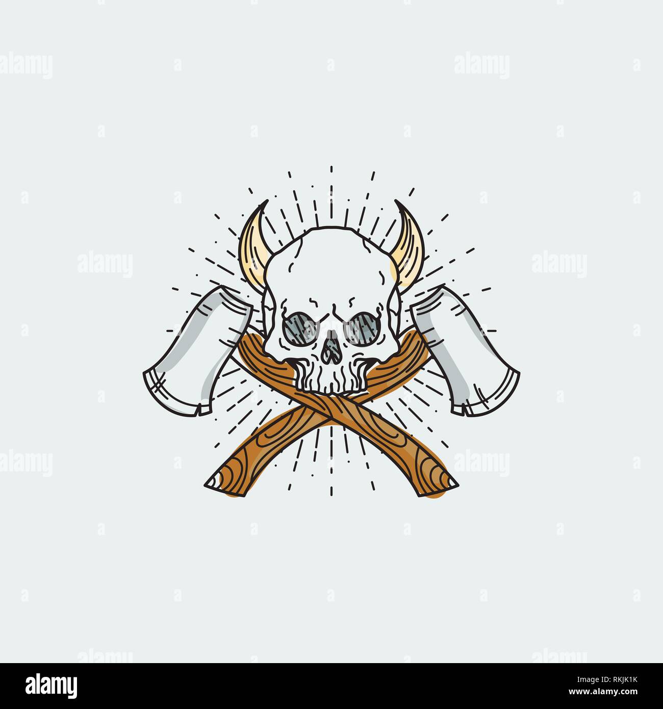 Vector illustration of color tattoo graphic human skull with axes and horns. Lined symbol Stock Vector