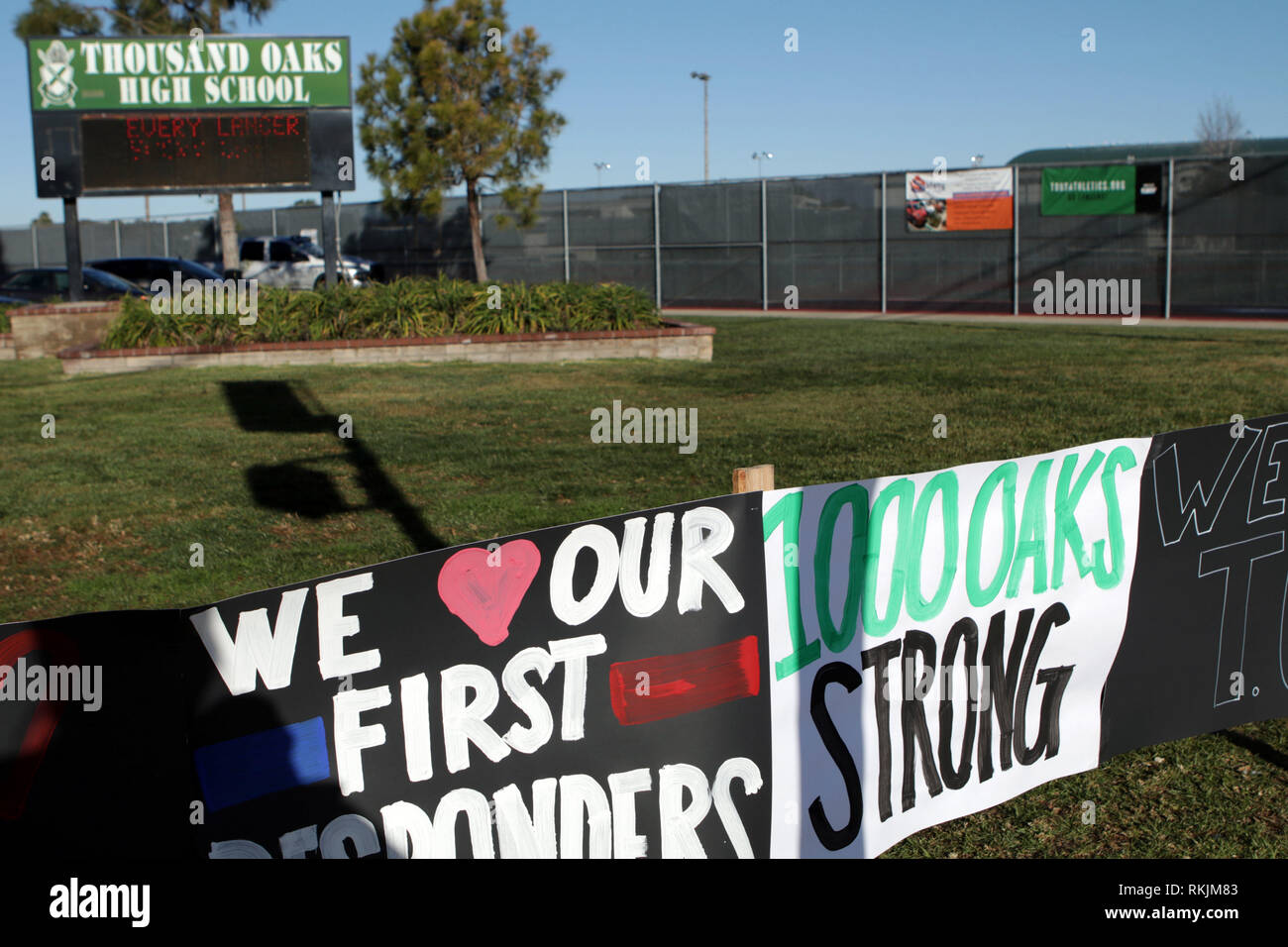 Thousand Oaks, Ventura County, California, USA. 11th February, 2019. A peaceful protest of school faculty, students, parents, and the community in front of Thousand Oaks High School on Feb. 11, 2019 in protest against Westboro Church. Posters were placed around the highschool to show their support for the highshool, borderline victims, law enforcement, and the community in general. (© Jesse Watrous) Credit: Jesse Watrous/Alamy Live News Stock Photo