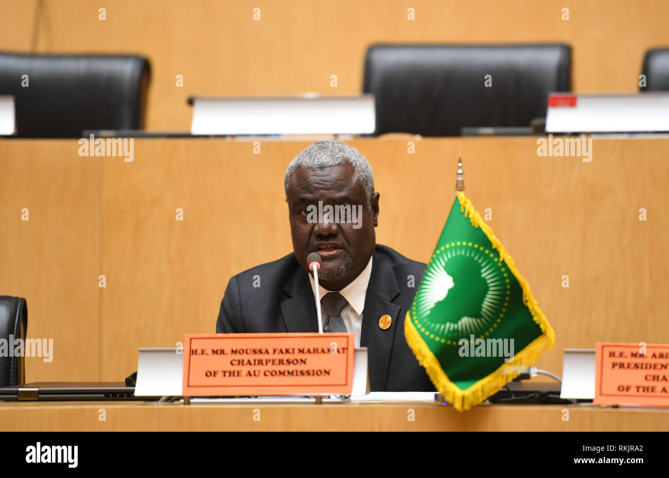 Addis Ababa, Ethiopia. 11th Feb, 2019. Chairperson of the African Union (AU) Commission Moussa Faki Mahamat speaks at the press conference after the 32nd AU summit at the AU headquarters in Addis Ababa, Ethiopia, Feb. 11, 2019. The two-day session concluded here Monday under the theme 'Refugees, Returnees, and Internally Displaced Persons: Towards Durable Solutions to Forced Displacement in Africa.' Credit: Li Yan/Xinhua/Alamy Live News Stock Photo