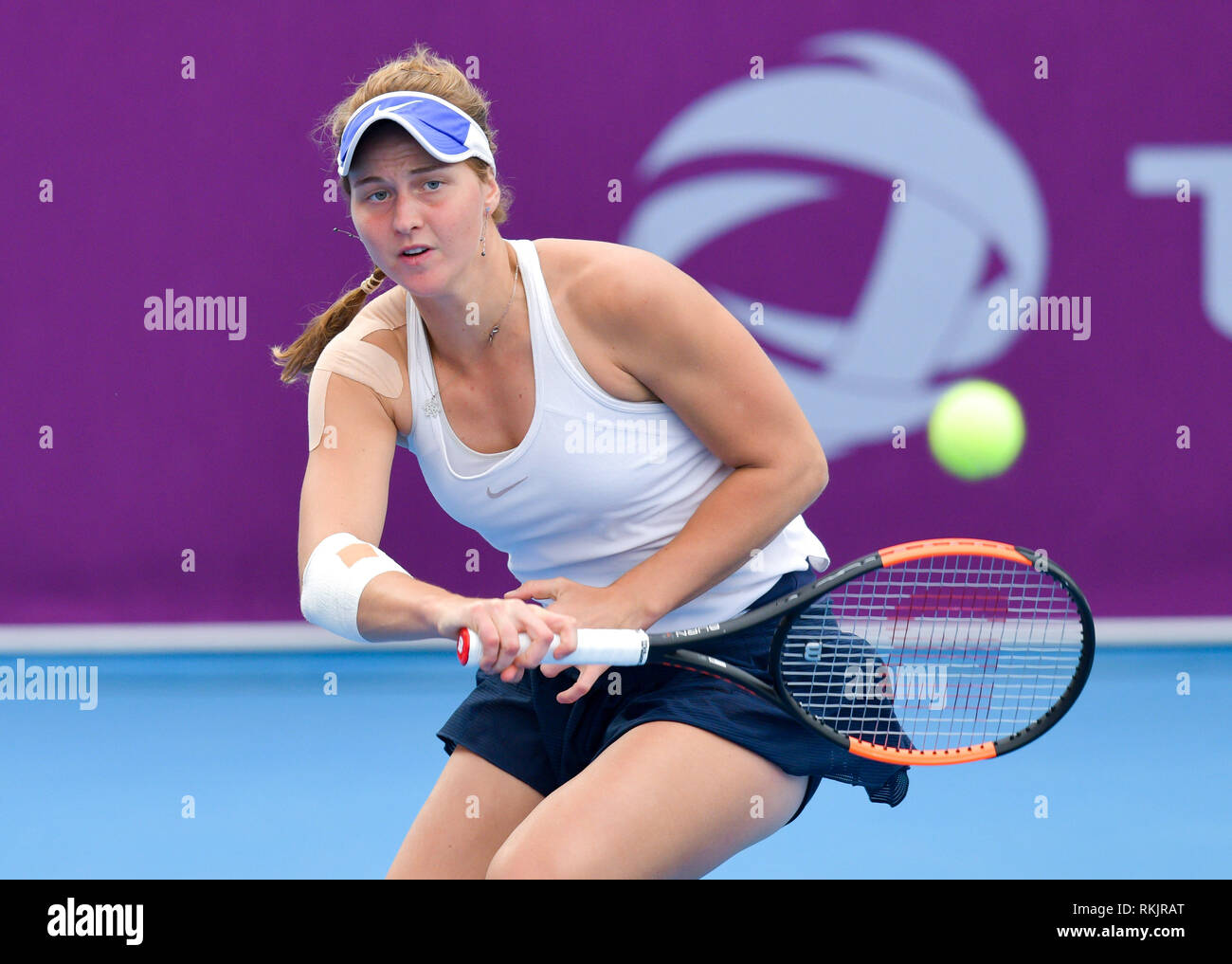 Doha, Qatar. 11th Feb, 2019. Liudmila Samsonova of Russia hits a return  during the women's qualifying singles final round match between Karolina  Muchova of the Czech Republic and Liudmila Samsonova of Russia