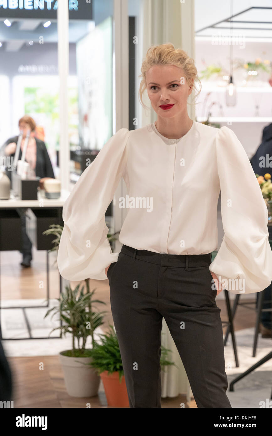 Frankfurt, Germany. 11th Feb 2019. Franziska Knuppe visits Ipuro at Ambiente trade fair 2019. Ambiente is a leading consumer goods trade fair with more than 4300 exhibitors and 130,000+ trade visitors. Credit: Markus Wissmann/Alamy Live News Stock Photo