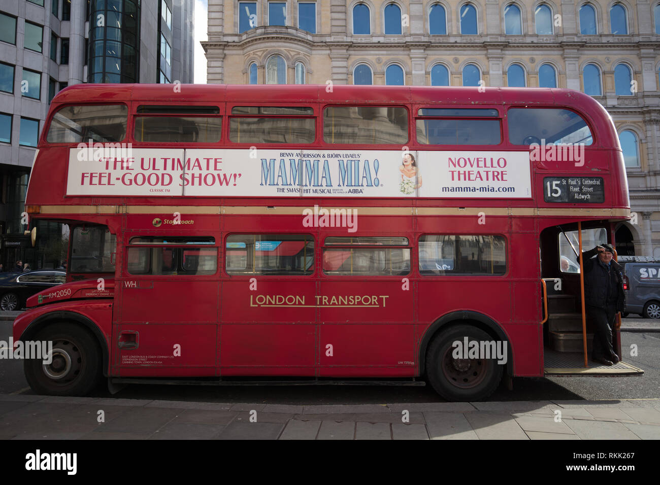 London, UK. 11th February 2019. Heritage Routemaster red bus with conductor, still operates daily between Trafalgar Square and the Tower of London, until the 1st of March this year, when the bus will run only on weekends. Credit: Joe Kuis / Alamy Live News Stock Photo