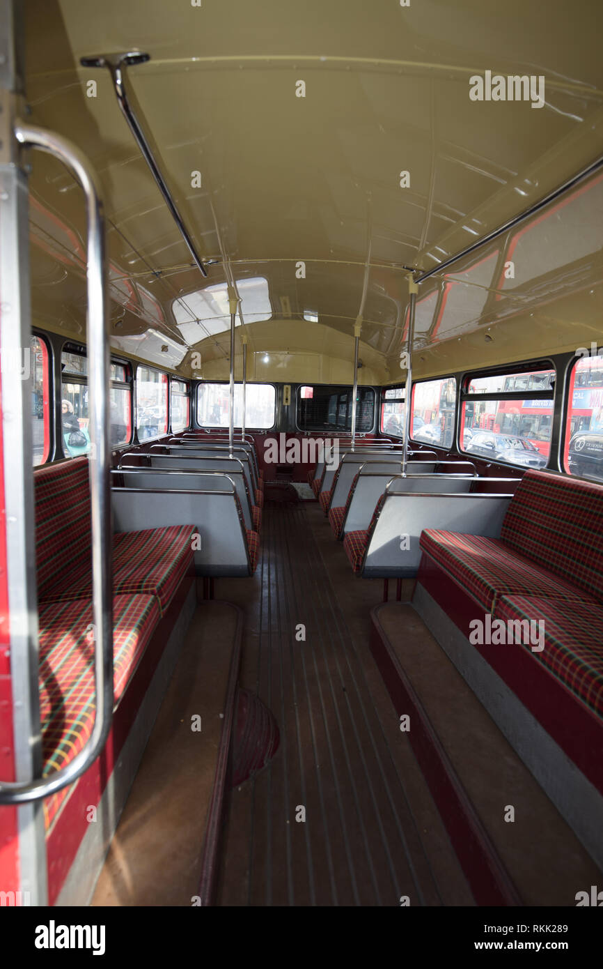 London, UK. 11th February 2019. Interior lower deck of the heritage Routemaster red bus, still operating daily until the 1st of March this year, when the bus will run only on weekends. Credit: Joe Kuis / Alamy Live News Stock Photo