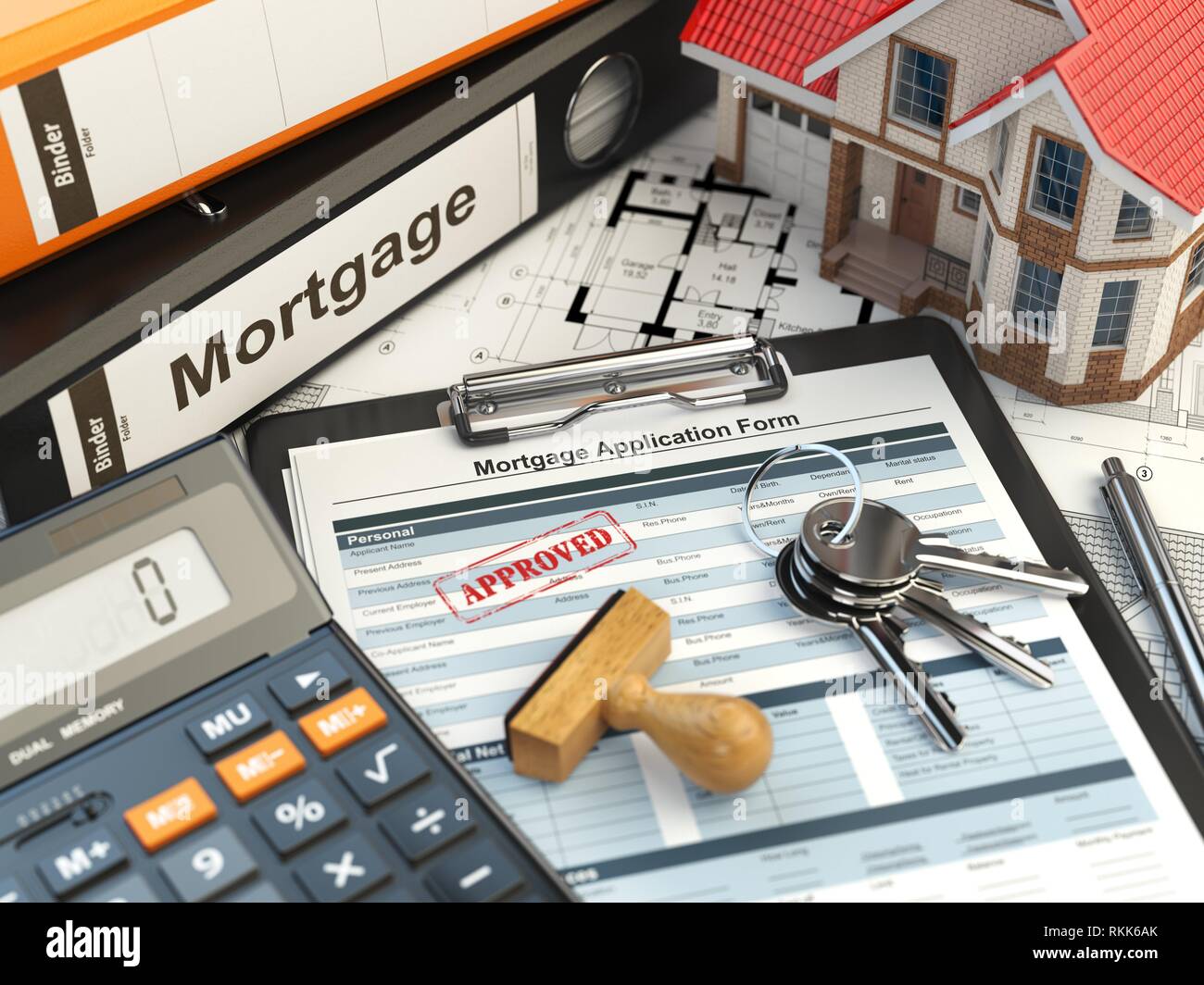 Mortgage application form with stamp approved, house, calculator and