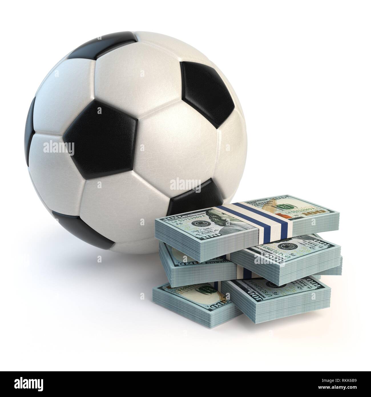 Soccer or football ball and packs of dollars isolated on white. Sport bets concept. 3d
