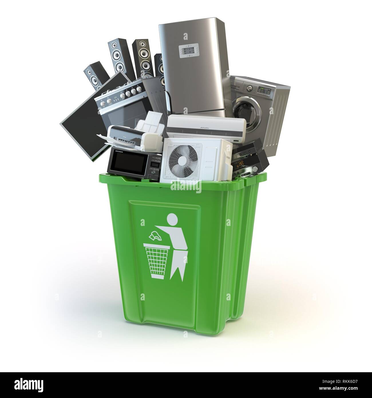 Old kitchen appliances in the rubbish bin isolated on white. Time to