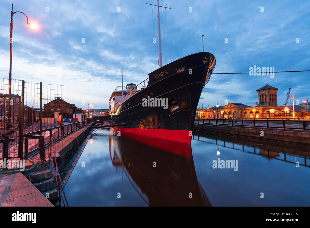 Night view of new Fingal floating hotel in Leith docks, Edinburgh