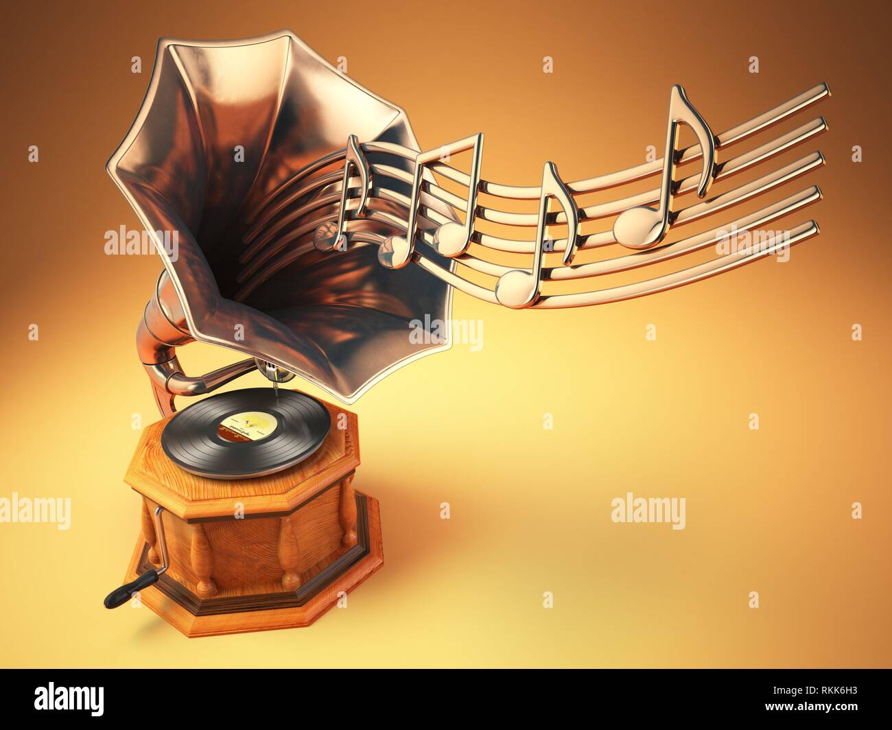 Vintage gramophone with gold musical notes. Retro background. 3d illustration. Stock Photo