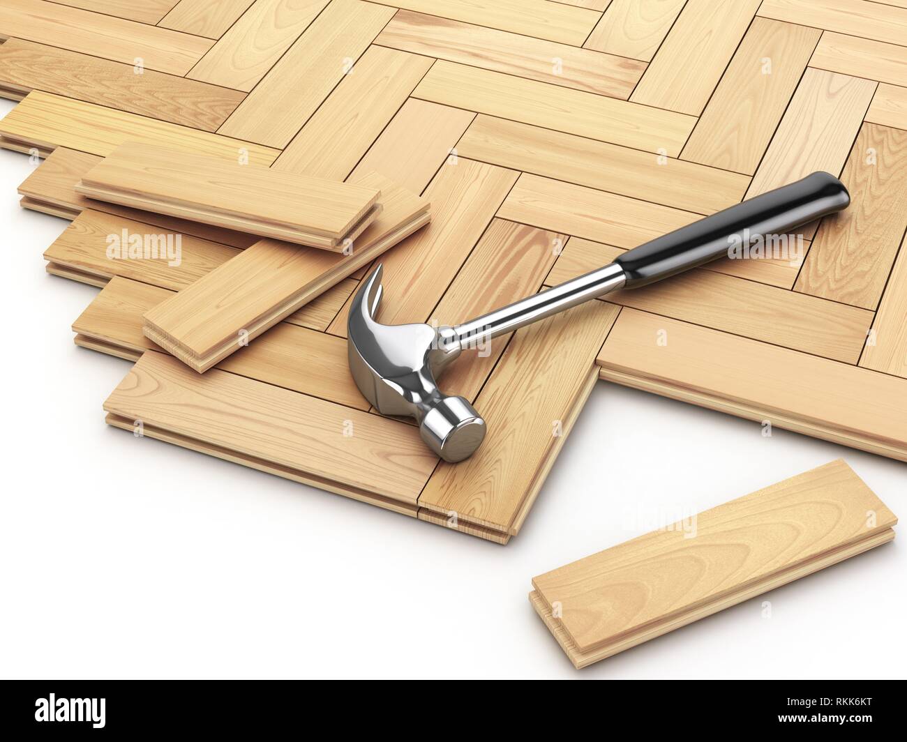 Laying hardwood parquet concept. Hammer on the floor. 3d illustration