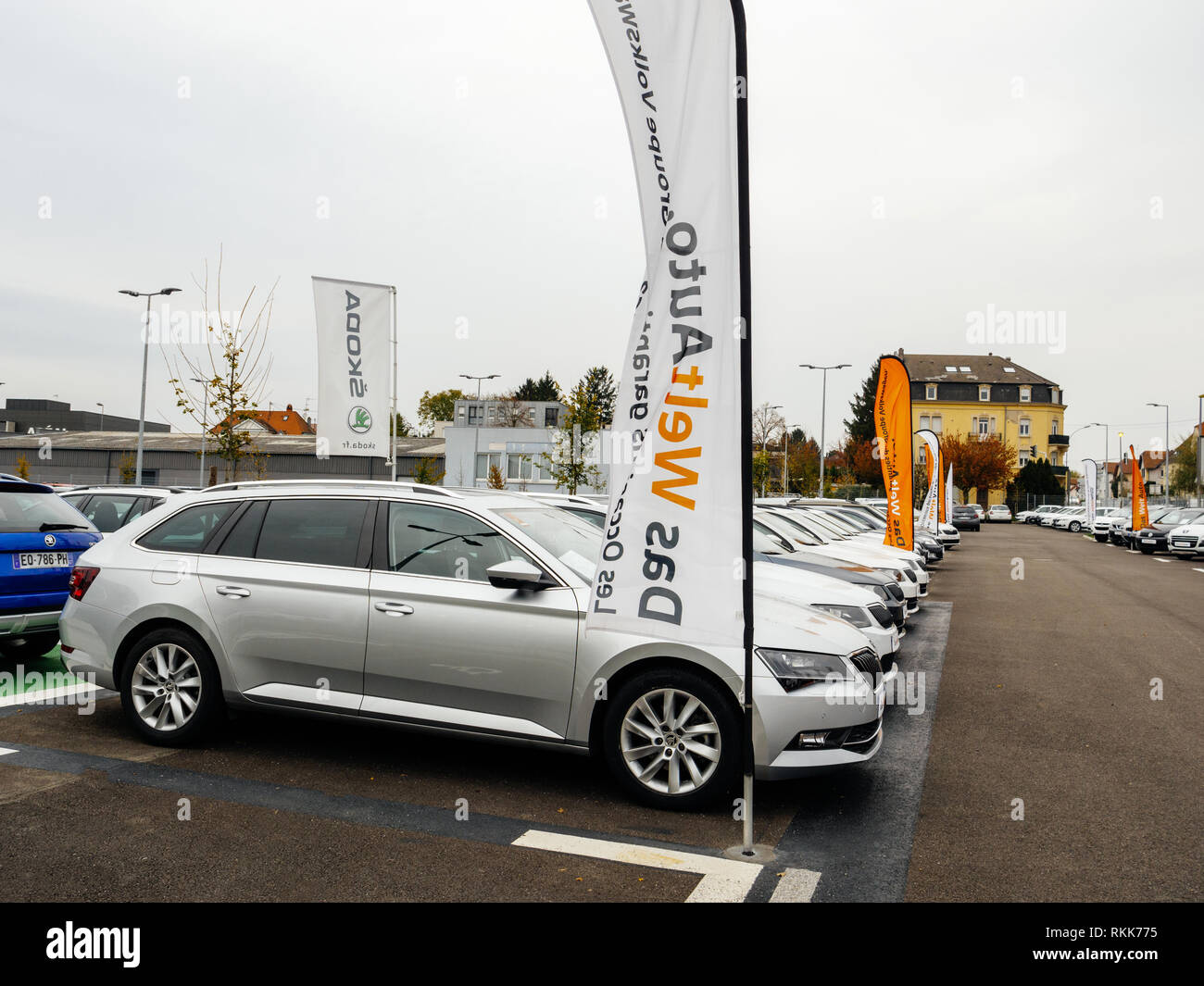 Strasbourg, France - Nov 7 2017: Das Welt Auto and Skoda Superb estate cars  for sale row