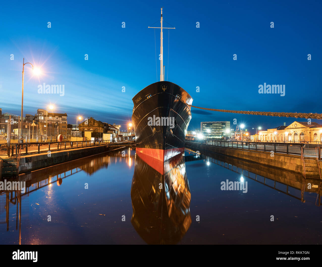 Night view of new Fingal floating hotel in Leith docks, Edinburgh