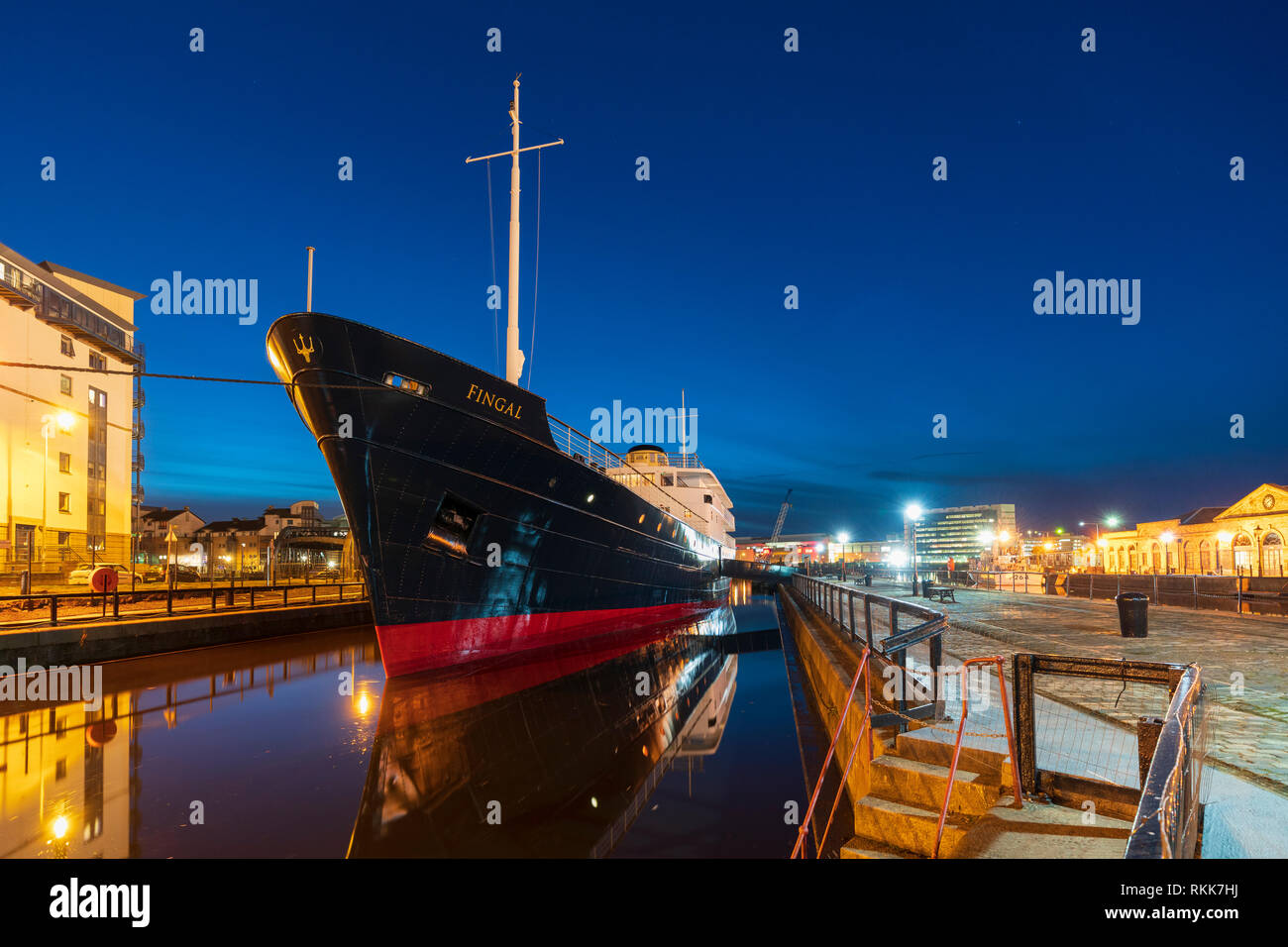 Night view of new Fingal floating hotel in Leith docks, Edinburgh