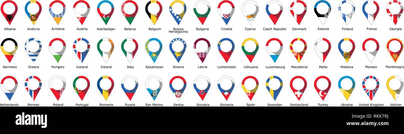 Flags in the form of a pin from the countries of geographical Europe with their names written below Stock Vector