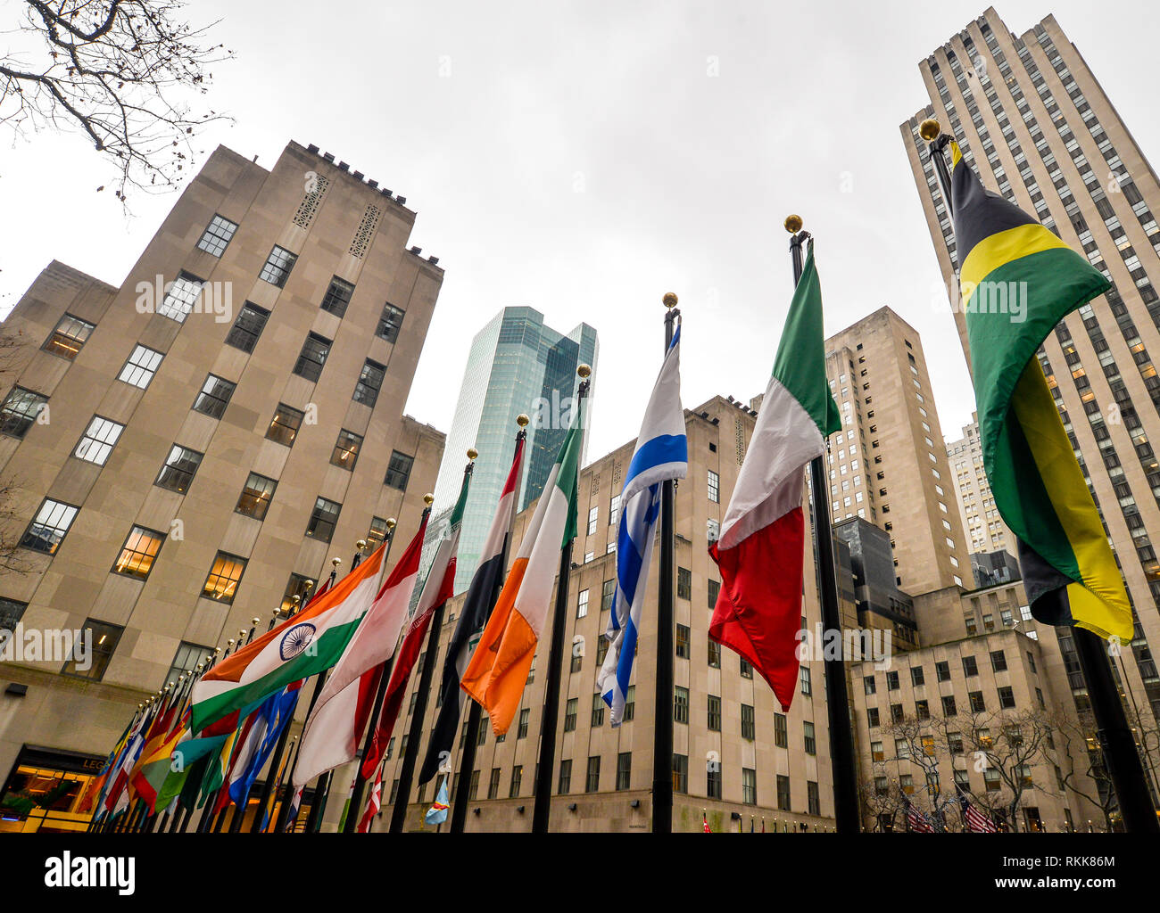 New York/USA - 1/23/19 - Flags lined up outside the Rockefeller Center ...