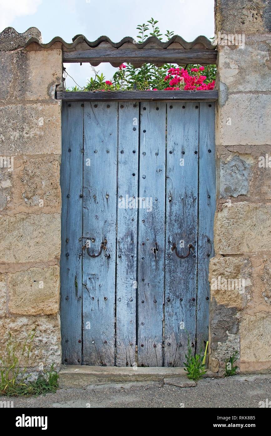 Rustic blue old wooden door with tiled roof and pink bougainvillea in Mallorca, Spain. Stock Photo