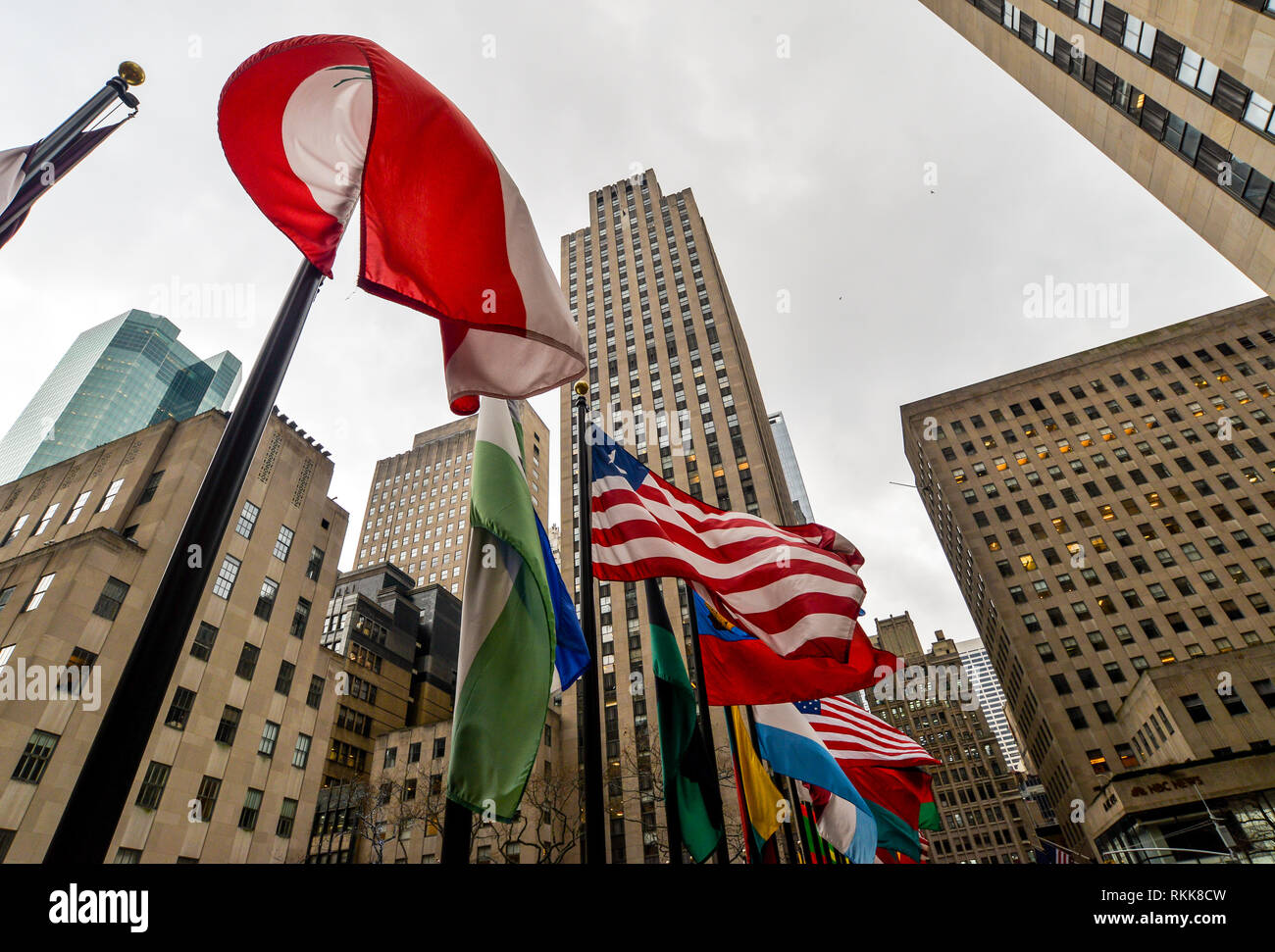 New York/USA - 1/23/19 - Flags lined up outside the Rockefeller Center ...