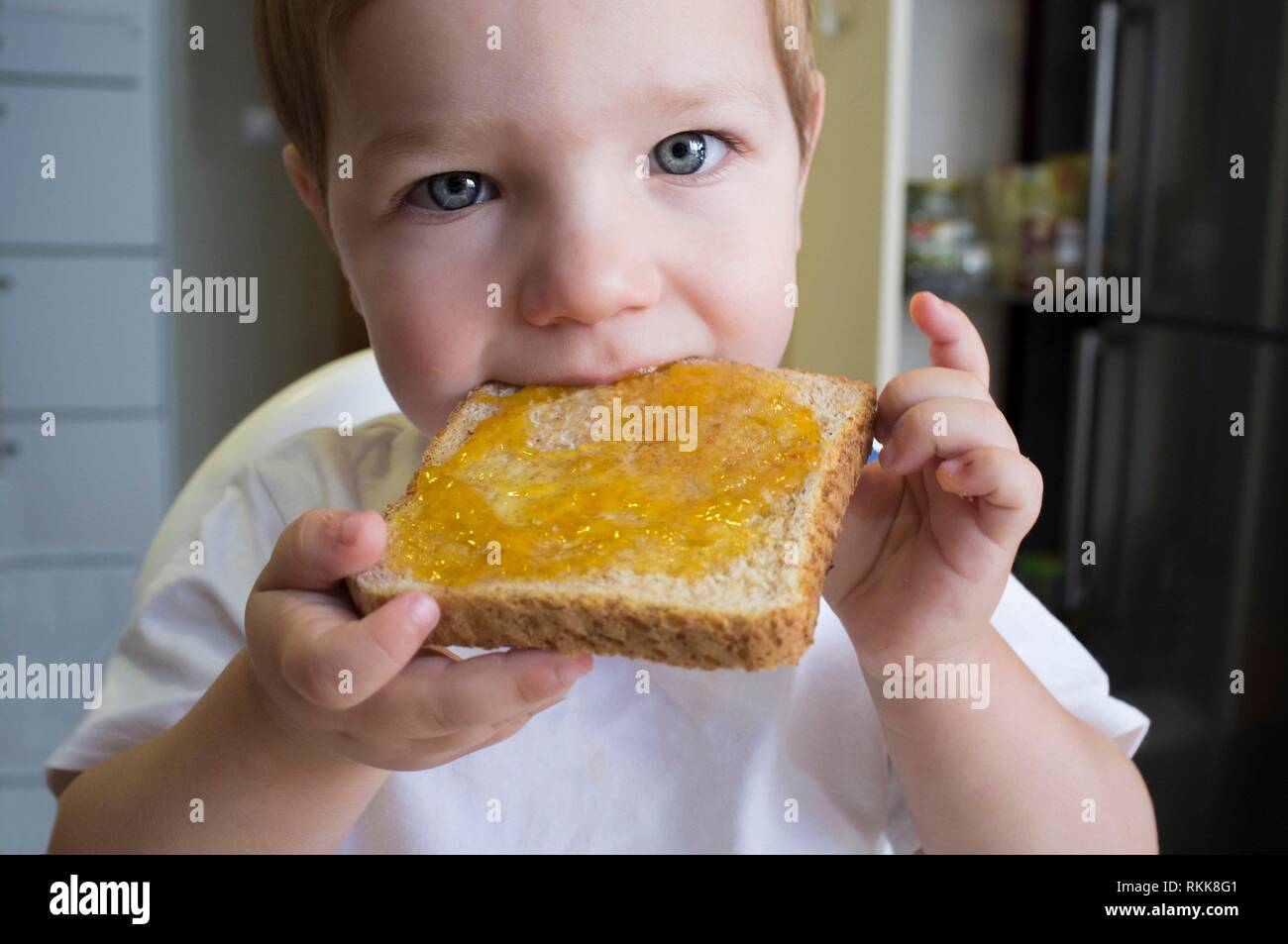Little baby boy eating peach jam toast. Closeup Stock Photo Alamy