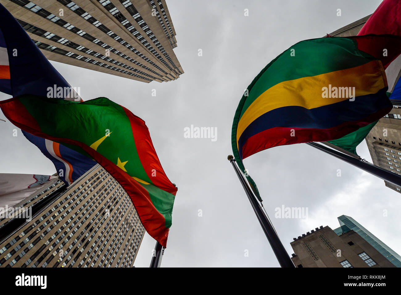 New York/USA - 1/23/19 - Flags lined up outside the Rockefeller Center ...