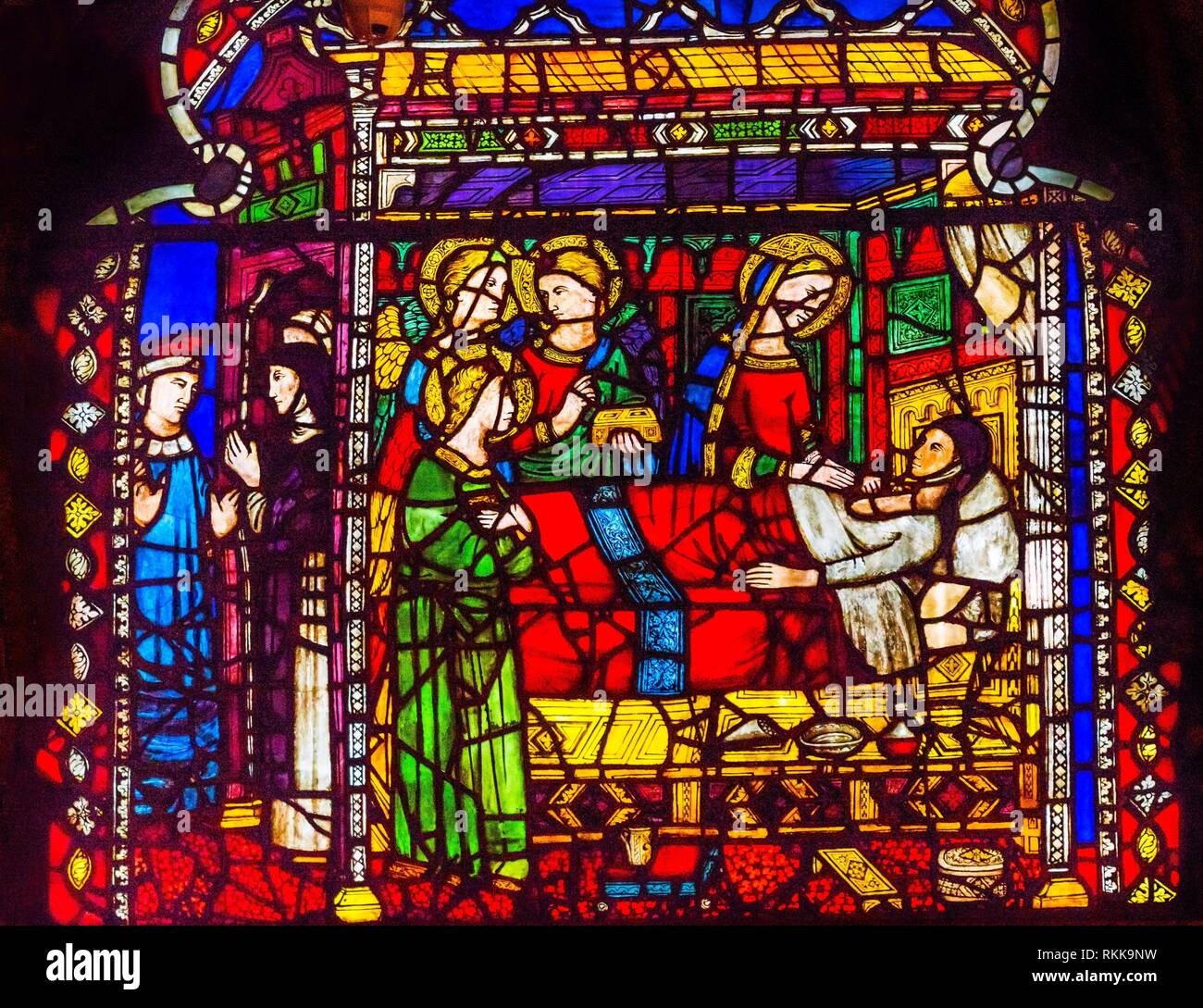 Virgin Mary Deathbed Stained Glass Window Orsanmichele Church Florence Italy. Church and stained glass from 1400s. Stock Photo