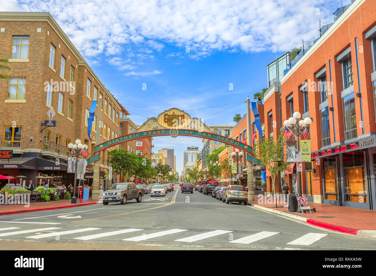 San Diego, California, United States - July 31, 2018: Historic Heart of San Diego sign of San Diego's Gaslamp Quarter in Downtown with Victorian archi Stock Photo