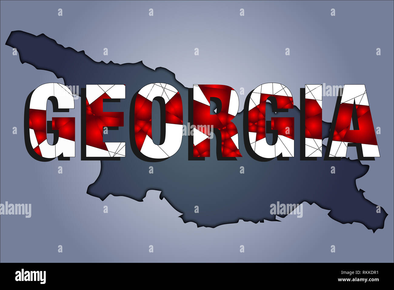 The contours of territory of Georgia republic in grey colours and word Georgia in colors of the oficial flag, red and white Stock Photo