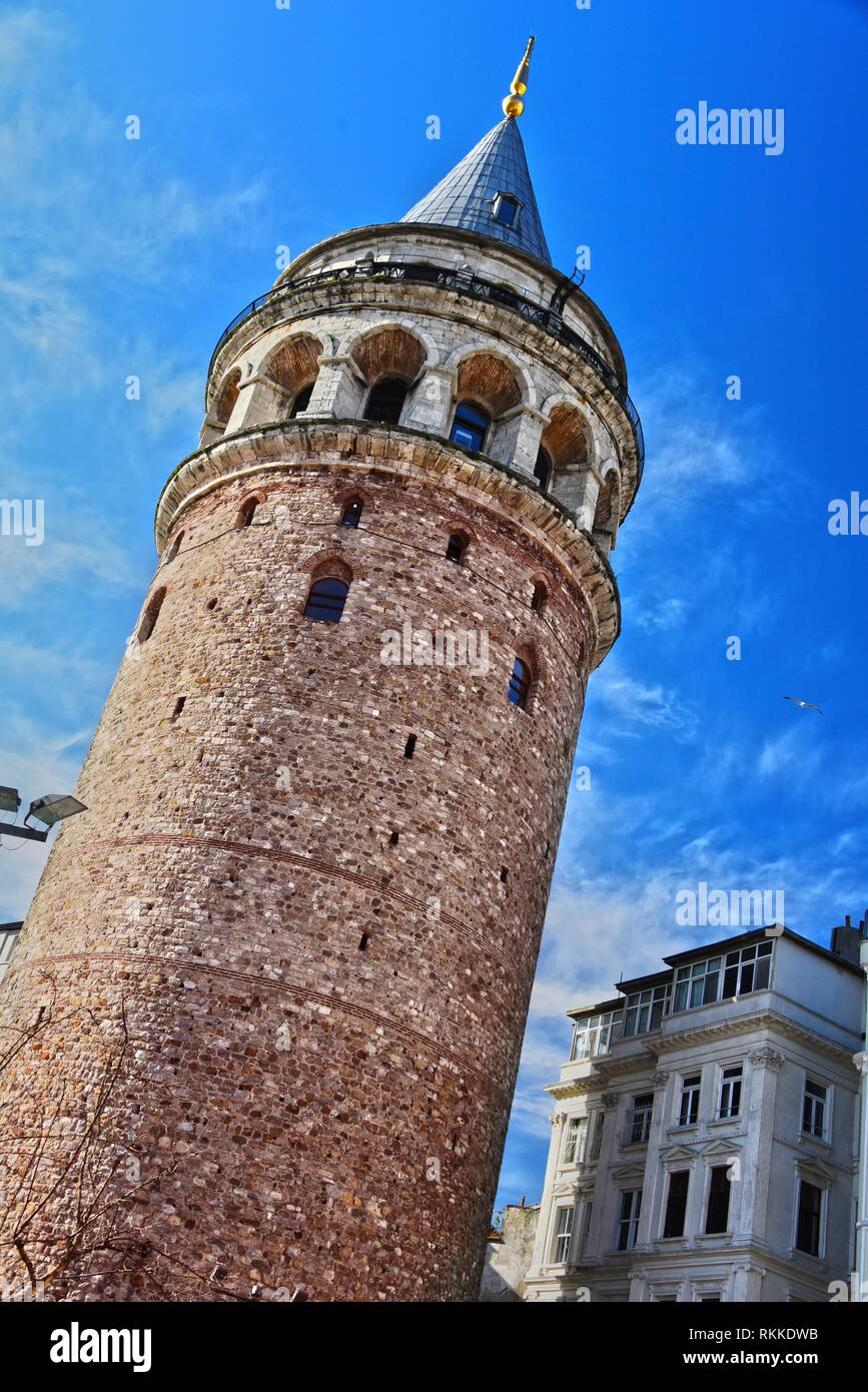 Galata Tower called also the Tower of Christ is a medieval stone tower in the Galata quarter of Istanbul, Turkey,. Stock Photo