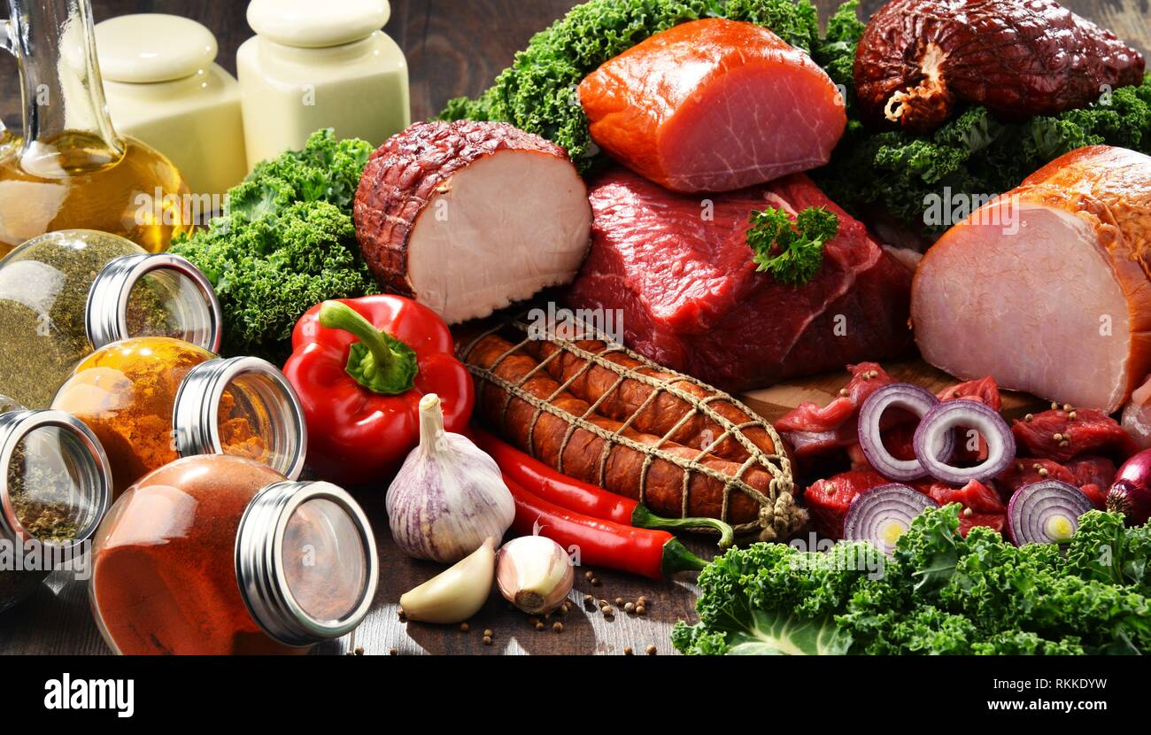 Variety of meat products including ham and sausages Stock Photo Alamy