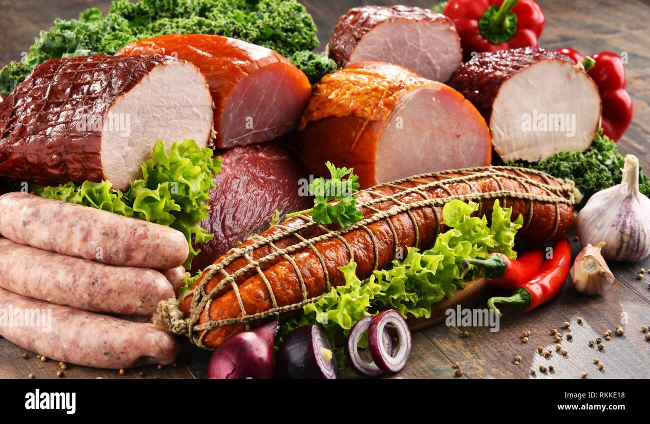Variety of meat products including ham and sausages Stock Photo Alamy
