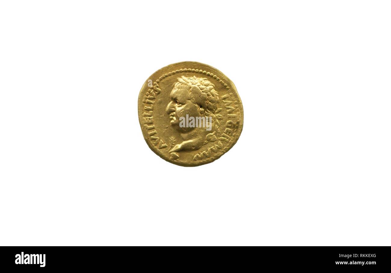 Gold coin depicting the Roman Emperor Vitellius. Isolated over white. Stock Photo