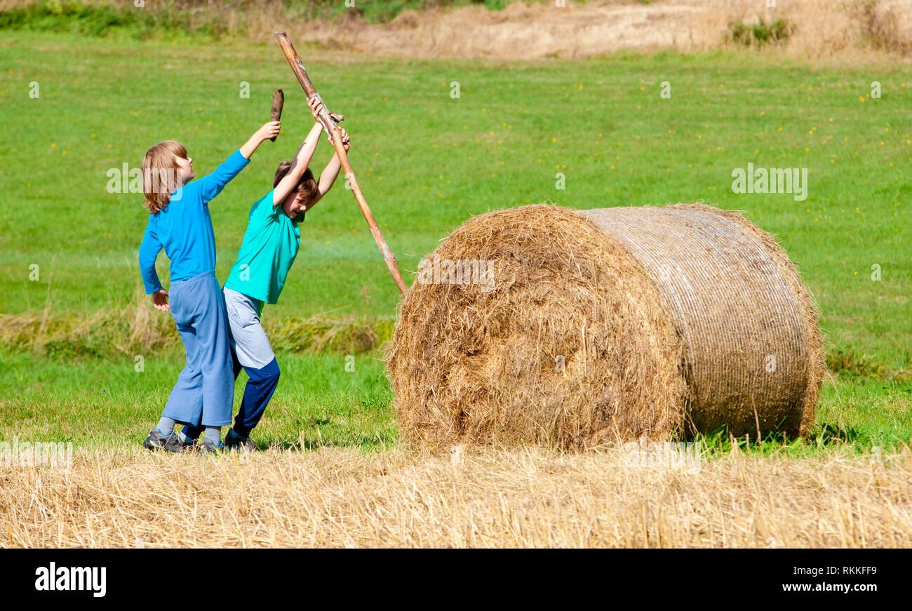 Two Boys Moving Bale of Hay with Stick as a Lever Stock Photo Alamy