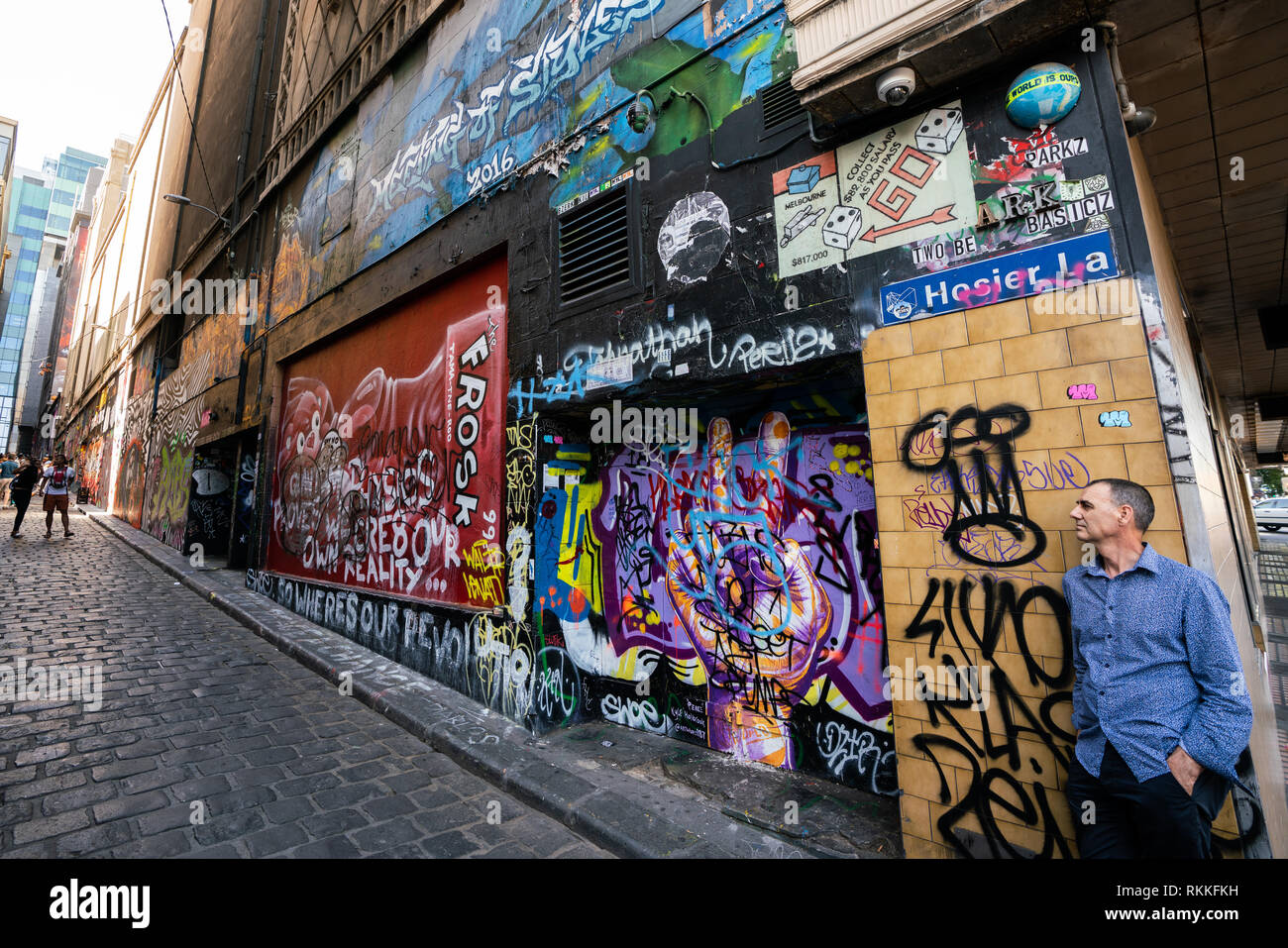 3rd January 2019, Melbourne Australia : Hosier lane street view with nameplate and tourists in Melbourne Australia Stock Photo